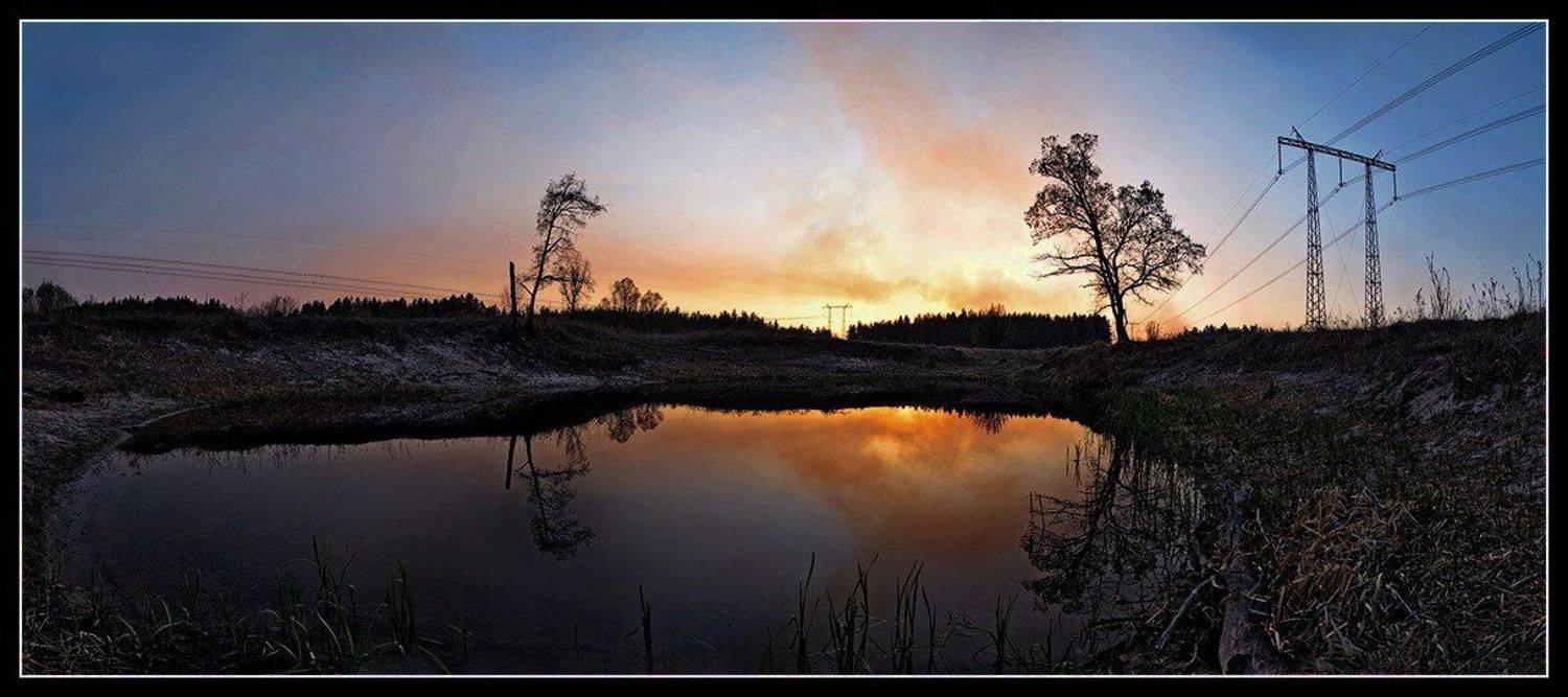 Энергия Солнца. Автор: Срибный Евгений закат, озеро, вода, провода, дерево, отражение, небо., Срибный Евгений