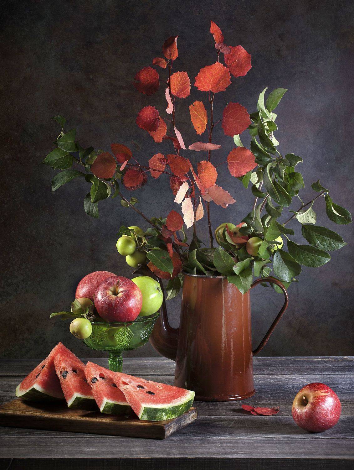 С арбузом и яблоками.. Автор: Татьяна Попова арбуз, яблоки, вазочка, ветки осины. яблони., Татьяна Попова