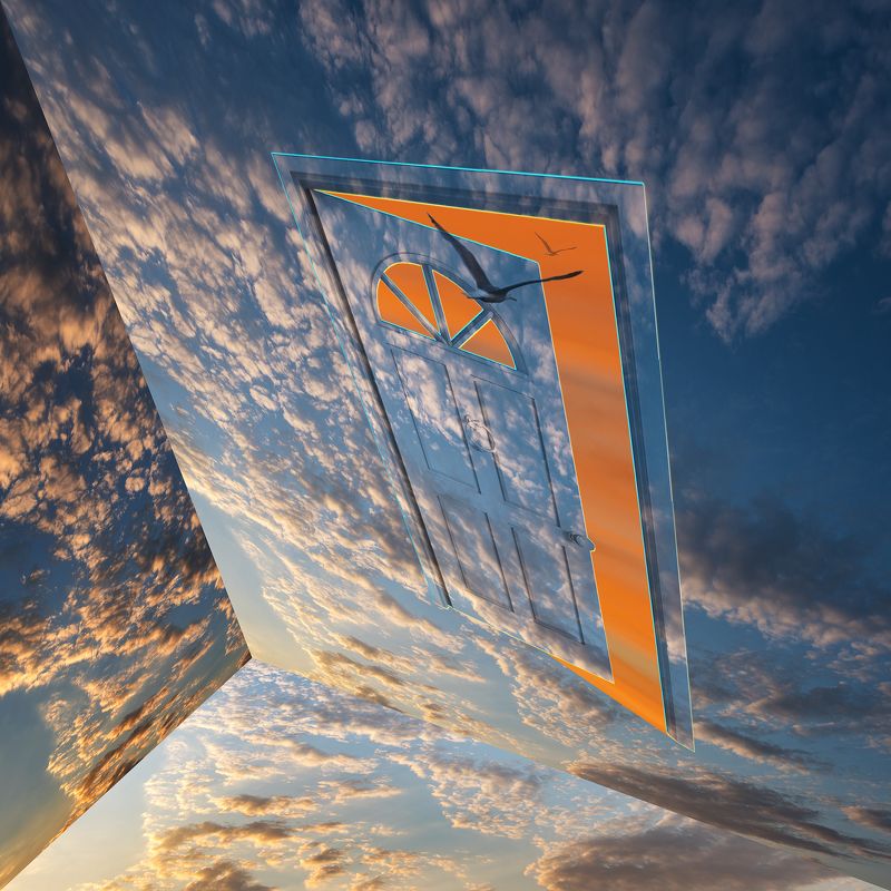 blue, bird, collage, color, colors, concept, conceptual, digital, digital art, door, editing, orange, photo collage, photography, sky, surreal, surrealism, Suspended Silencephoto preview