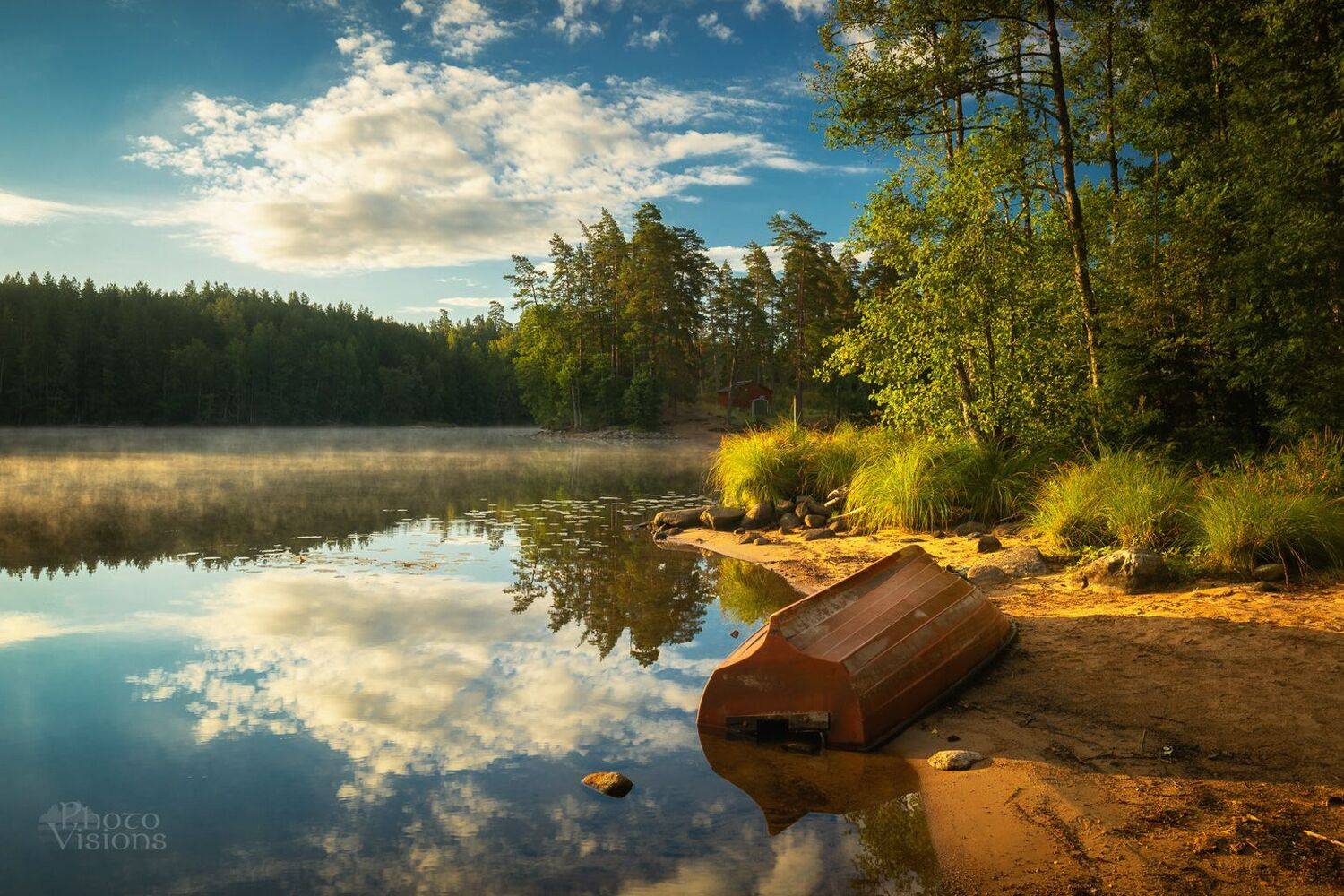 lake,boat,morning,light,golden hour,fog,summer,sweden,scandinavia,forest,lakescape,, Photo Visions