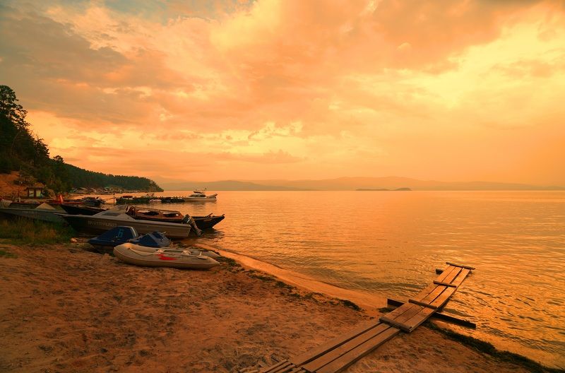 bay, evening, sunset, horizon, boat, lake, landscape, nature Eveningphoto preview