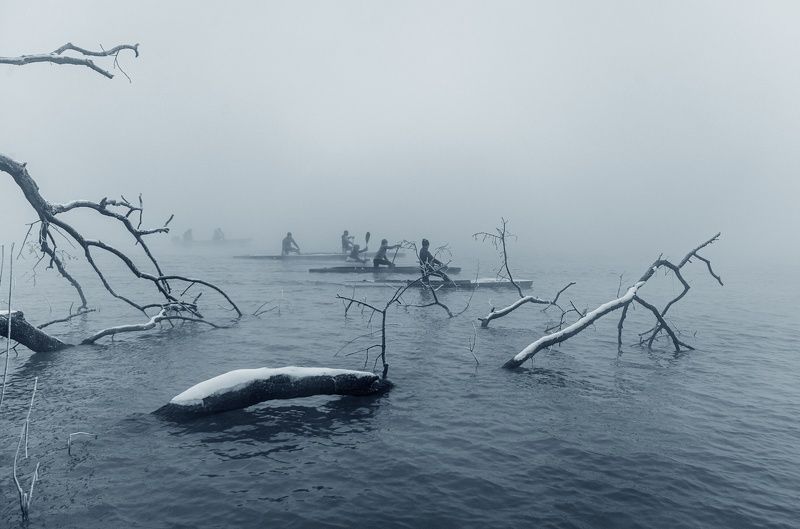 зима, гребцы, водоем, коряга photo preview