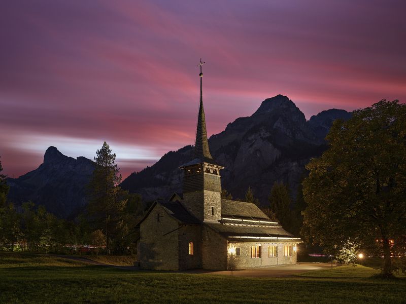 Switzerland kandersteg church mountain sunset mediumformat phase one iq4  Last lightphoto preview