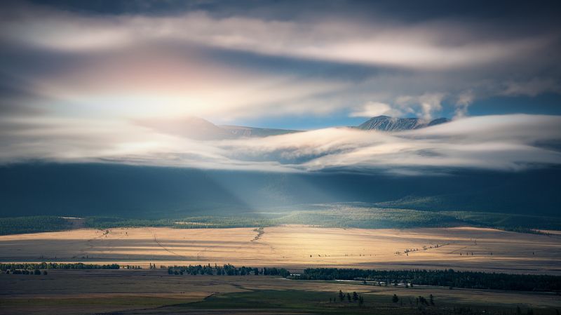 пейзаж, облака, утро, степь, горы, свет, небо, природа, низкие, рассвет, лучи, алтай, курай, рельеф, панорама Курайphoto preview