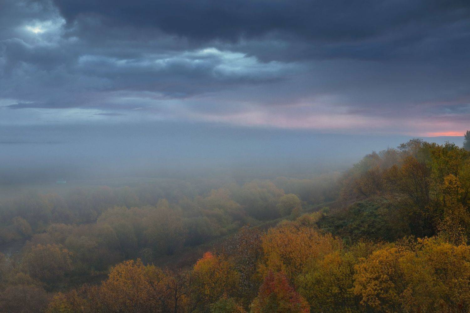 Осеннее утро.... Автор: Титов Александр природа, осень, утро, туман, деревья, листва, тучи, рассвет, Титов Александр