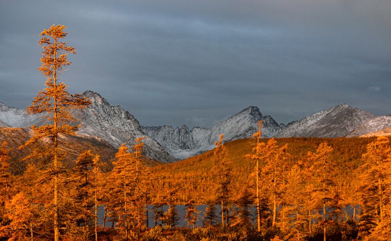 пейзаж, осень, озеро, озеро Джека Лондона, природа, горы, лес, Россия, природа России, nature, landscape, lake, Russia, autumn, снег, рассвет, восход, snow, dawn, sunrise Пламенная заря в пасмурный деньphoto preview