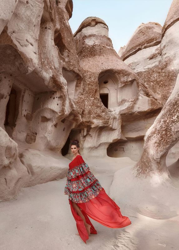 portrait, girl, cappadocia, red, mountains, sands, travel photo preview