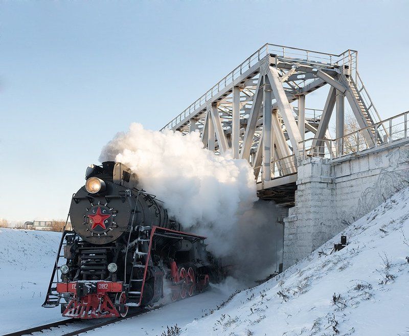 Лебедянка, Москва, Мост, Паровоз, Поезд, Рельсы, Ретропоезд, Ржд Морозным днемphoto preview