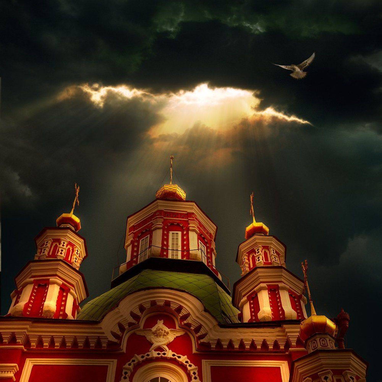 Про свет. Автор: Дмитрий Антипов Кафедральный, Коллаж, Красноярск, Лучи, Птица, Свет, Свечение, Собор, Тьма, Храм, Церковь, Дмитрий Антипов