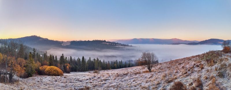 горы, иней, карпаты, ноябрь, осень, панорама, рассвет, туман, утро Туманным утром над Студенымphoto preview