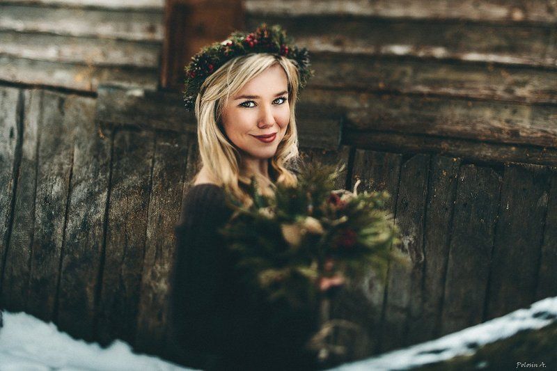 Букет, Венок, Девушка, Зима Зимняя красотаphoto preview