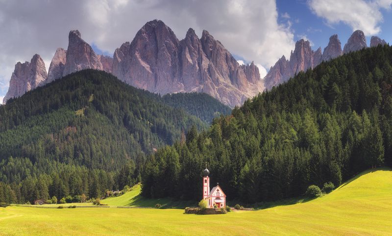 San Giovanni in Ranui, Church, Val di Funes, South Tyrol, Dolomites, Italy, горы, лето, панорама San Giovanni in Ranuiphoto preview