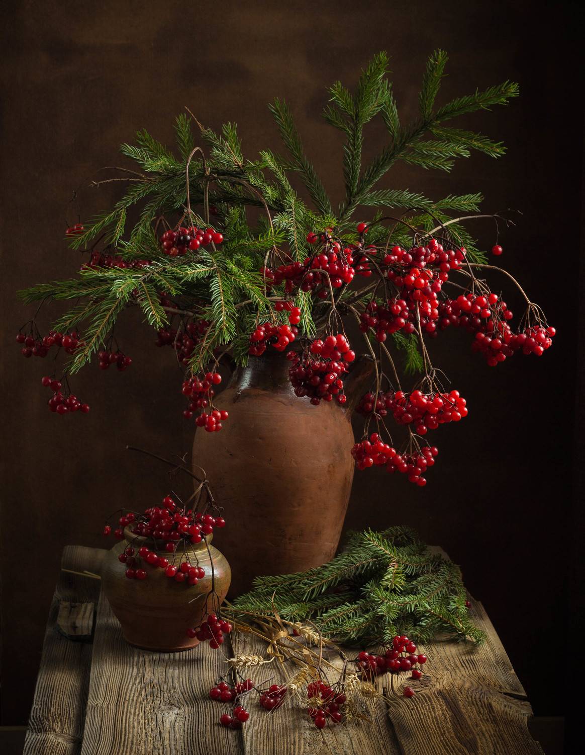 Предзимье. Автор: Elena Hvojnova натюрморт, калина, елка, зима, колосья, пшеница, ветки, ягоды, Elena Hvojnova