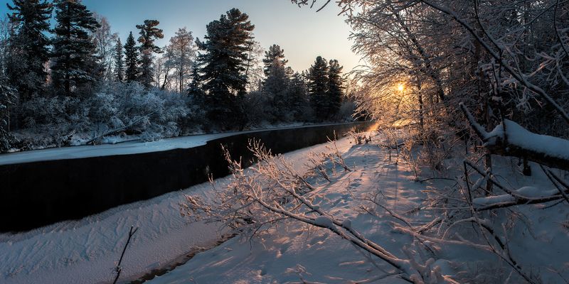 снег, солнце, утро, пейзаж, река Пока река еще не всталаphoto preview