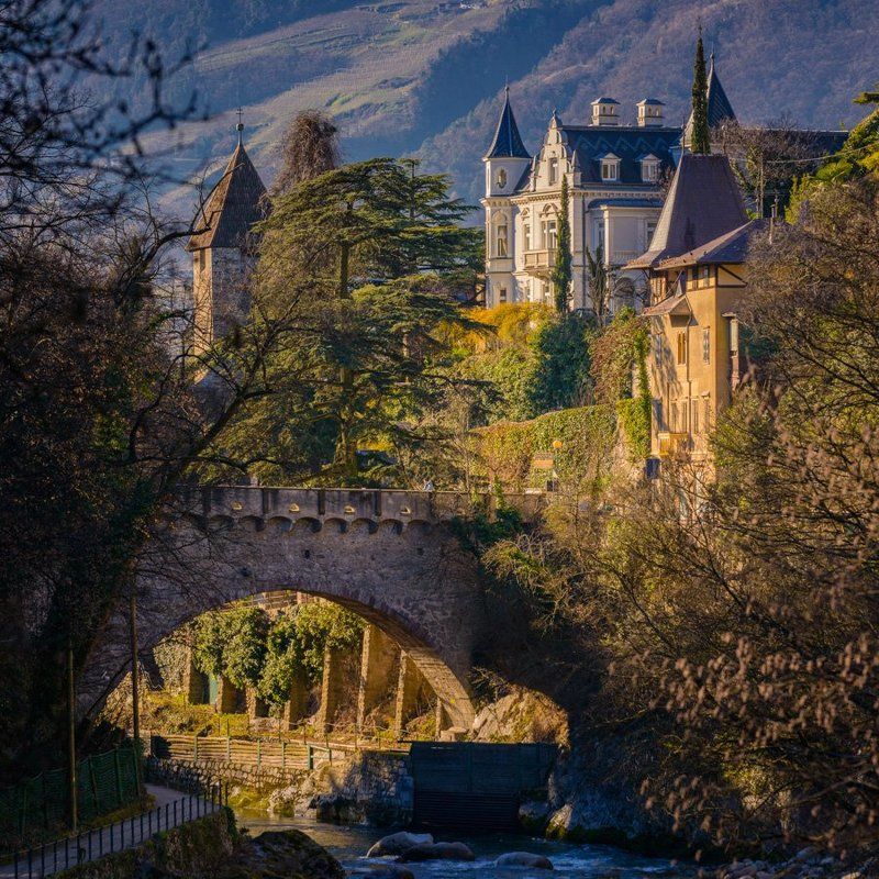 Bridge, Альпы, Город, Замок, Италия, Мерано, Мост, Старый город, Тироль, Южный тироль Мост и старый замокphoto preview