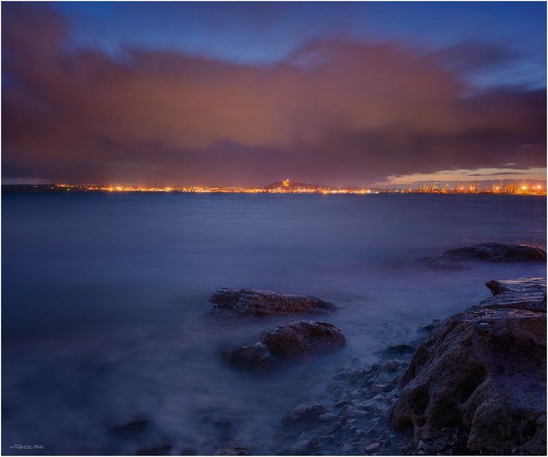 Вечер, Город, Длинная выдержка, Камни, Керчь, Крым, Море, Морской пейзаж, Облака, Панорама, Черное море photo preview