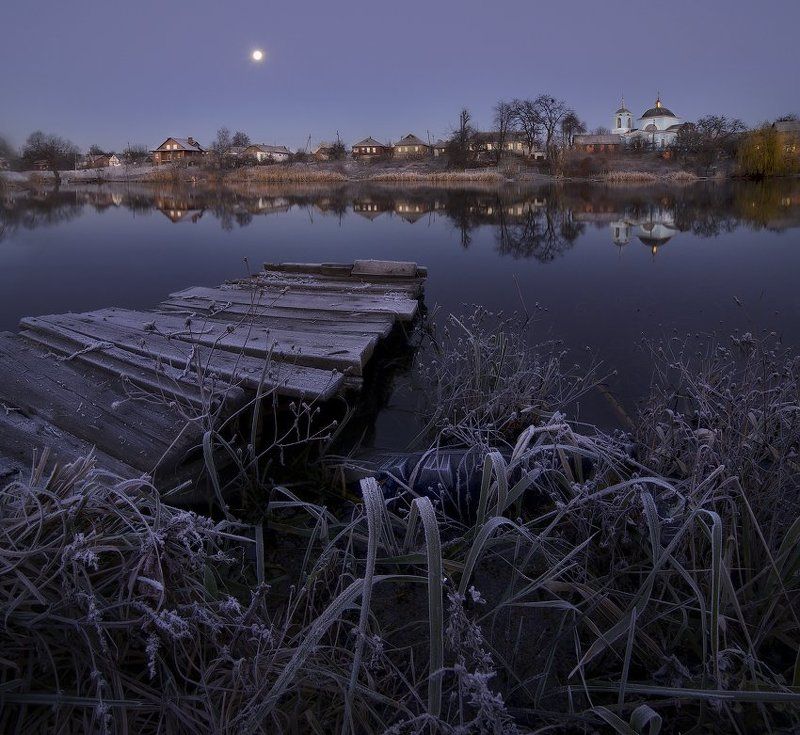 утро, заморозок, иней, луна, храм, церковь, деревня, село, пруд, сумерки photo preview