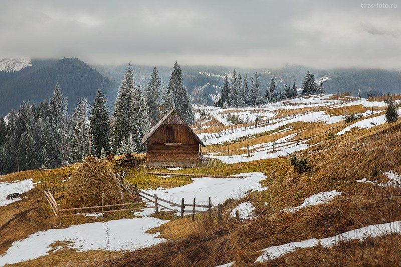 Горы, Зима, Карпаты, Сено, Стог, Туман, Холмы вечер в Карпатахphoto preview