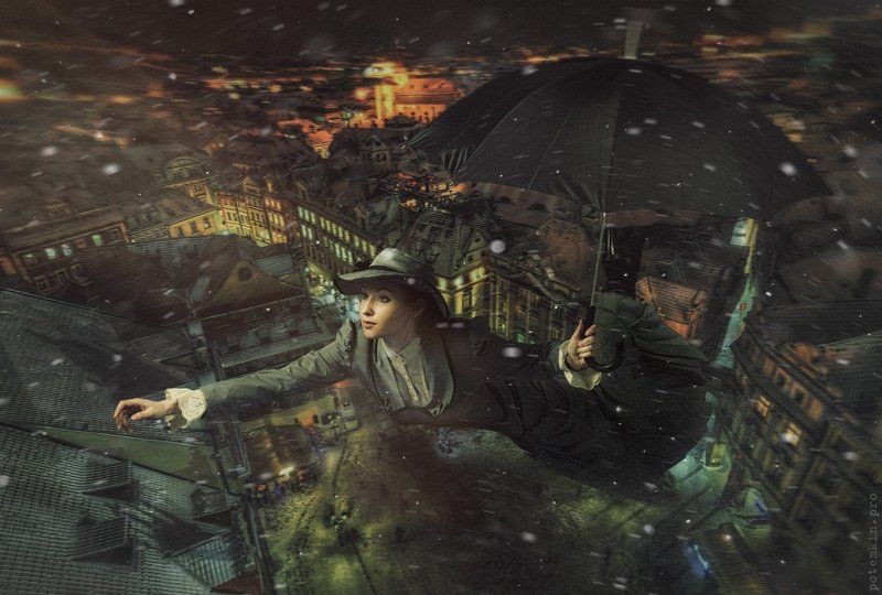 Вьюга, Зима, Коллаж, Мэри поппинс, Полет, Ретушь, Сказка, Сказки, Фантазия Мэри Поппинс, до свидания!photo preview