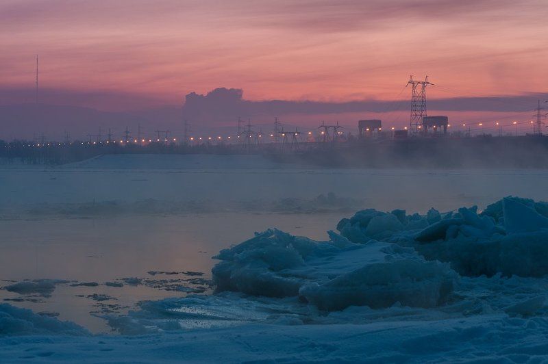 Вечер, Волга, Гэс, Жигулевск, Закат, Лед, Мороз, Мост, Пар, Плотина, Тольятти, Фонари, Январь ***photo preview
