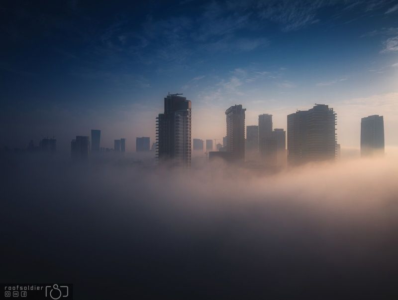Tel aviv, Israel, city, urban, architecture, cityscape, above, sunset, sunrise, skyscraper, roofer, roof, fog, mist, morning Fog in Tel Aviv фото превью