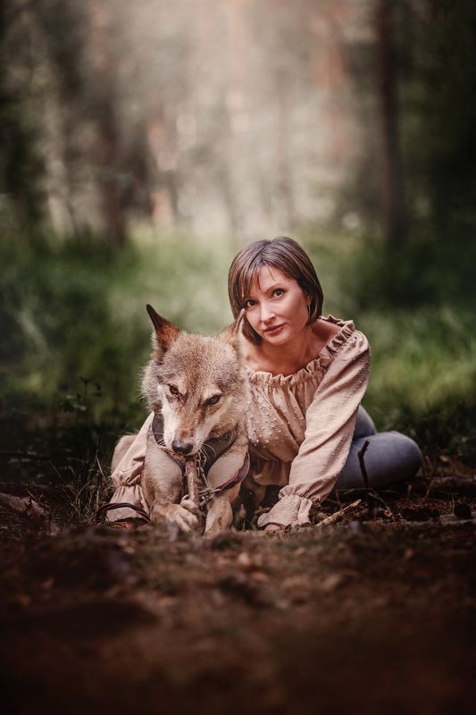 девушка, волк, портрет, природа, лето photo preview