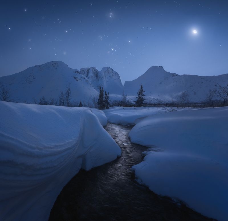 север, кольский, лес, зима, хибины, река, малый вудъявр Сумерки на озере Малый Вудъяврphoto preview