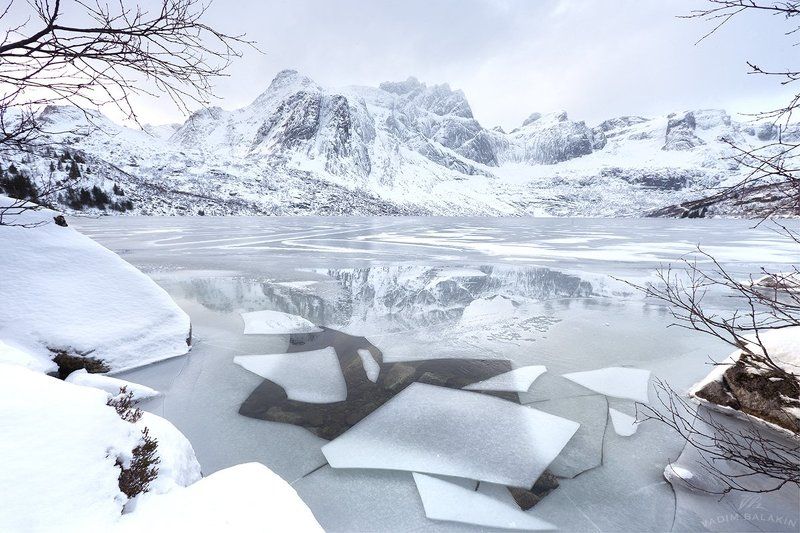 Горы, Зима, Зимний пейзаж, Лед, Лофотены, Норвегия, Озеро Ледовый паZZл фото превью