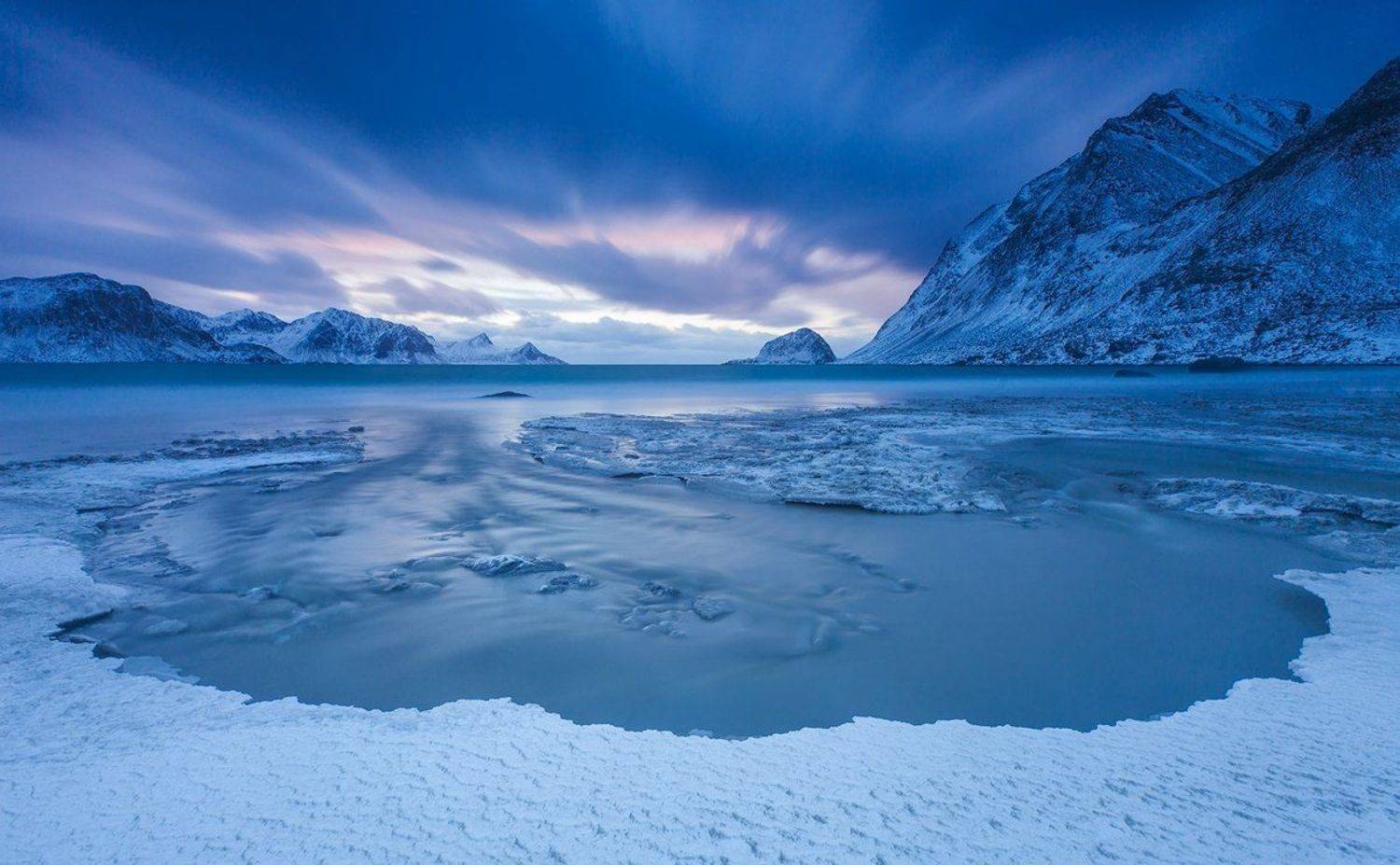 Длинная выдержка, Закат, Зимний пейзаж, Лофотены, Норвегия, Вадим Балакин