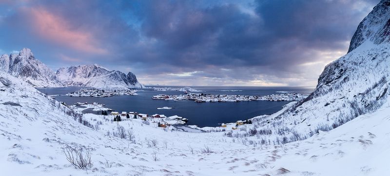 Зимний пейзаж, Лофотены, Норвегия, Панорама, Рассвет Панорама Рейне фото превью