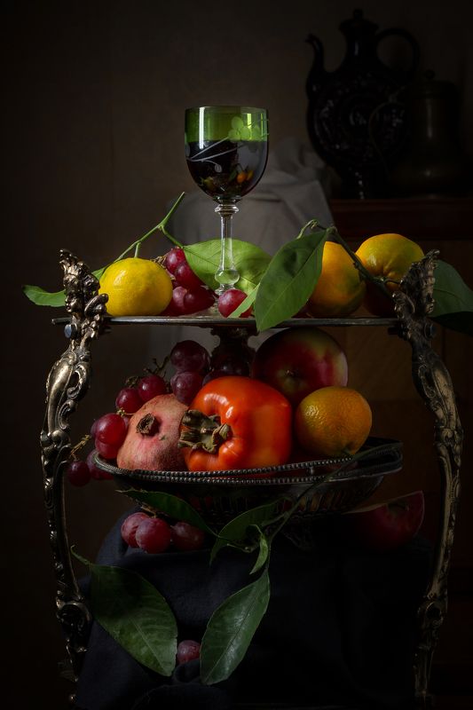 фрукты, винтаж, ретро, бронза, антиквариат, голландский, натюрморт, бокал, студия, виноград, стиль, гранат, хурма photo preview
