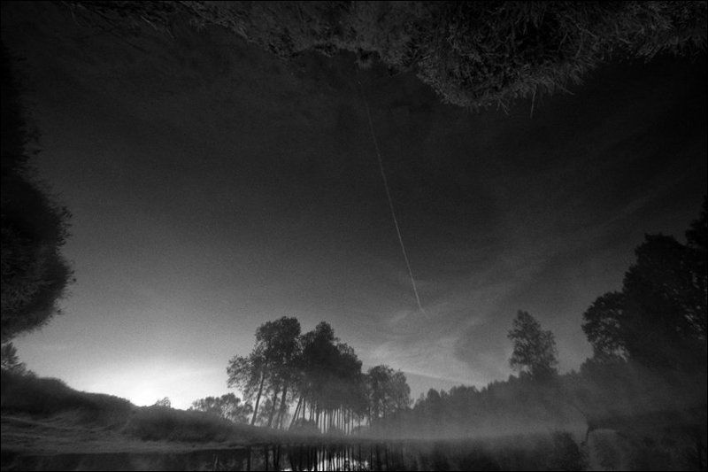 Утренняя чб картинка с отражением инверсионного следа и лип в середниковском прудуphoto preview