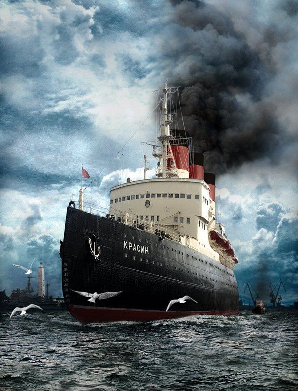 вода, красин, буксир, маяк, чайки, дым Красинphoto preview