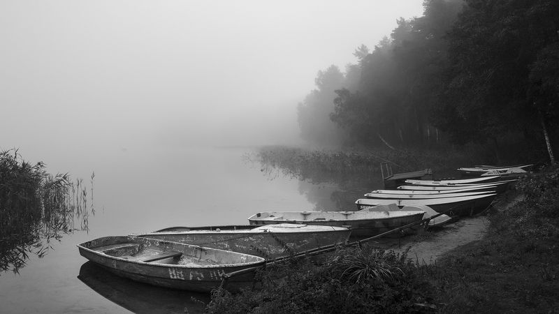пейзаж, россия, туман, чб, природа, тишина, перспектива, озеро, вода, водоёмы, лодки. Предрассветный час.photo preview