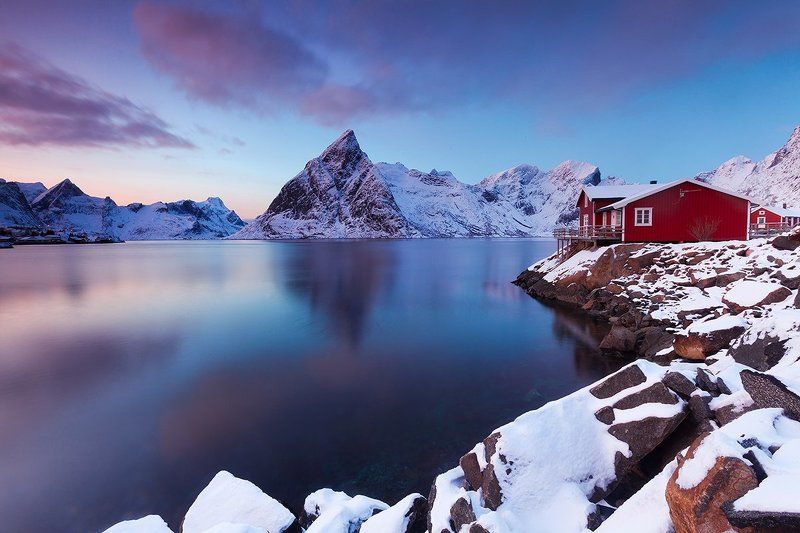 Зимний пейзаж, Лофотены, Норвегия, Рейне Закат на Лофотенах фото превью