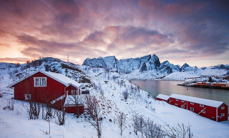 Закат, Зимний пейзаж, Лофотены, Норвегия, Пейзаж Закат на Лофотенах фото превью