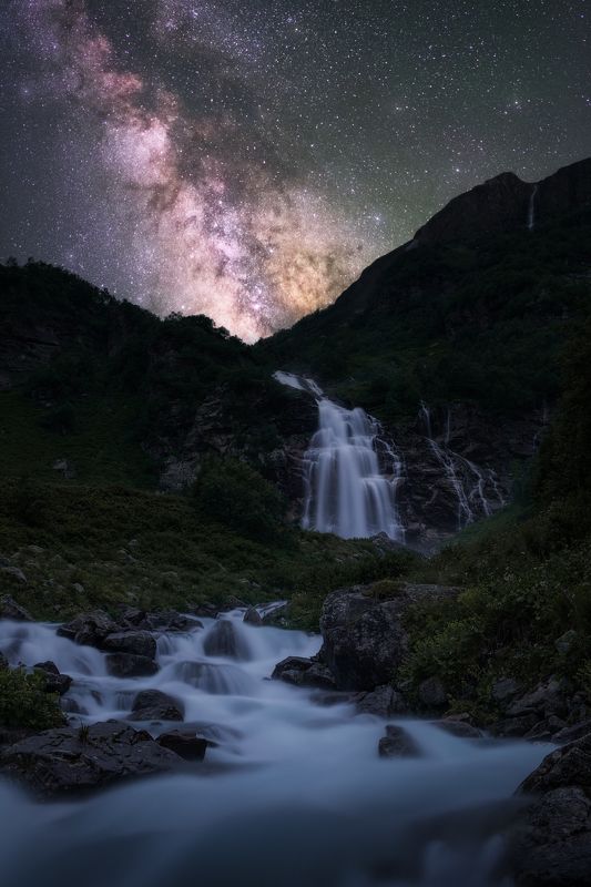 кавказ, горы, большой имеретинский водопад, водопад, имеретинка, весна, ночь, астро, астрофото, звезды, млечный путь, кчр, пейзаж, природа, кавказские горы, имеретинские озера, milky way Без начала и концаphoto preview