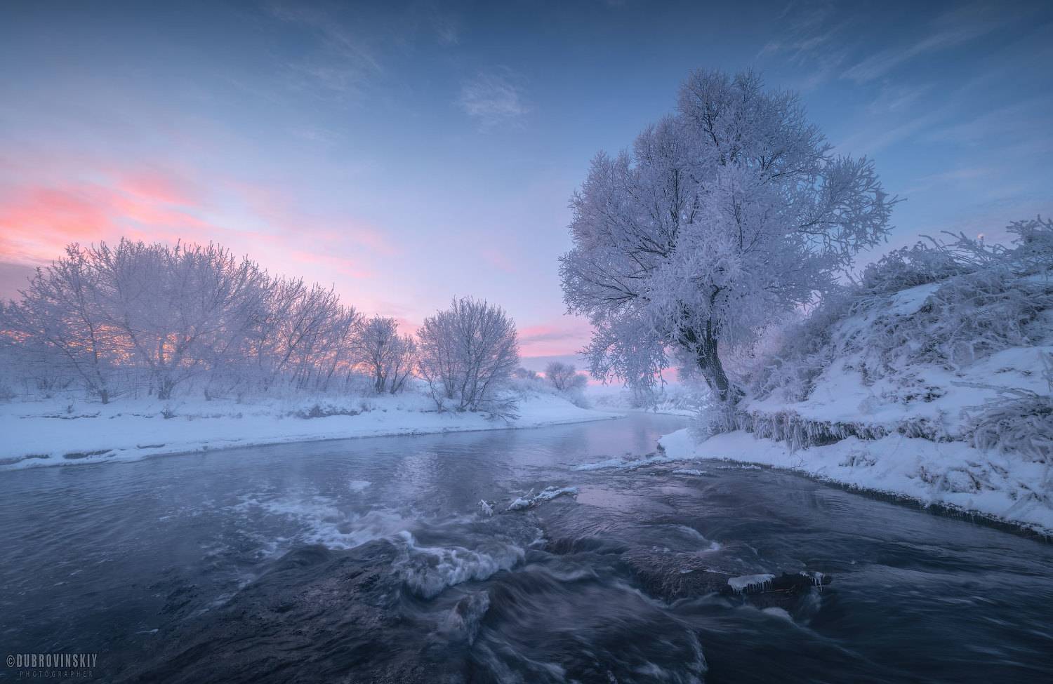 ручей, рассвет, иней, краски, зима, Дубровинский Михаил