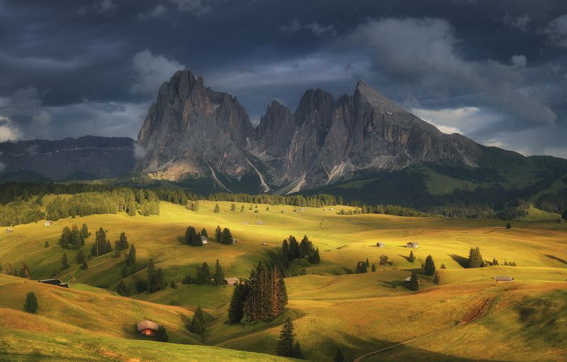Alpe di Siusi, Seiser Alm, Dolomites, Alpe, Italy, горы, вечер, закат, панорама, лето Непогода отступаетphoto preview
