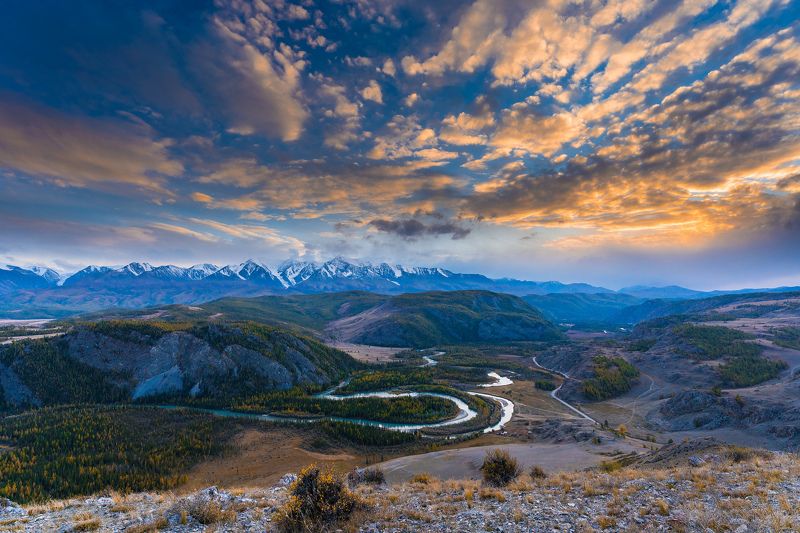 закат, облака, горы, долина, меандры, долина чуи, меандры чуи, осень, алтай, россия Закат над меандрами Чуиphoto preview
