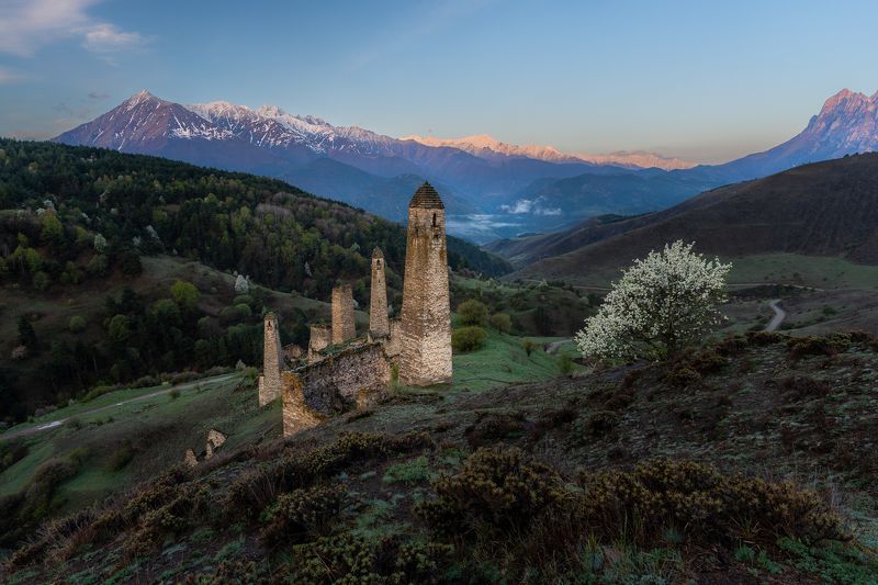 landscape, ингушетия, пейзаж, крепость, горы, кавказ, mountains With the rise of sunphoto preview