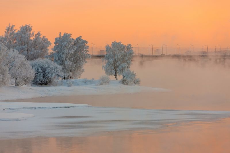 иркутск, зима, закат, мороз, куржак, иней. ангара. Морозный вечер.photo preview