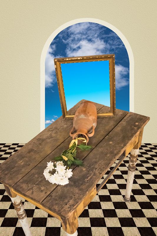 blue, cloud, clouds, collage, color, colors, concept, conceptual, digital, digital art, editing, photo collage, photography, sky, still life, surreal, surrealism, Chrysanthemum on a Tablephoto preview