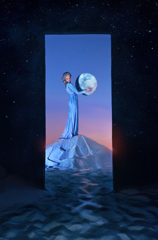 луна, песок, дверной проем, ночь, утро, небо, девушка в платье, луна на небе Куда Луна уходит по утру...photo preview