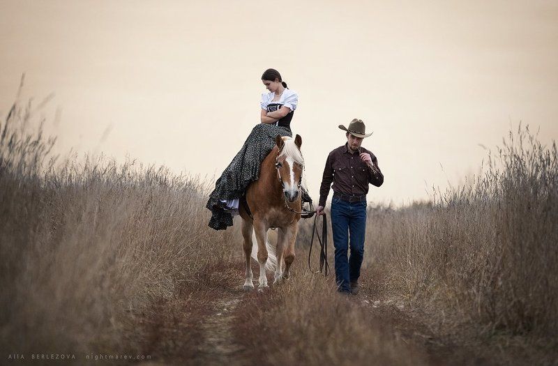 Cowboy, Dress, Field, Girl, Haflinger, Horse, Sunrise .photo preview