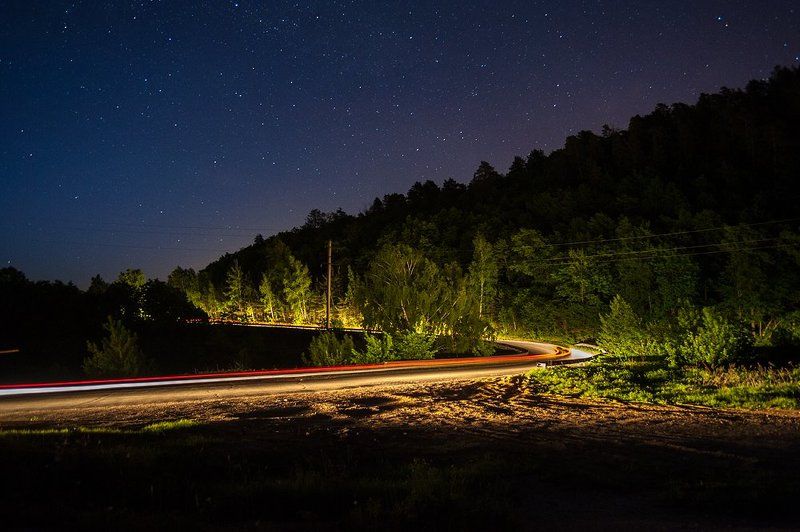 ночь, звезды, небо, лето, дорога, серпантин, свет фар, лес, деревья, жигули, самарская область, заповедник ***photo preview
