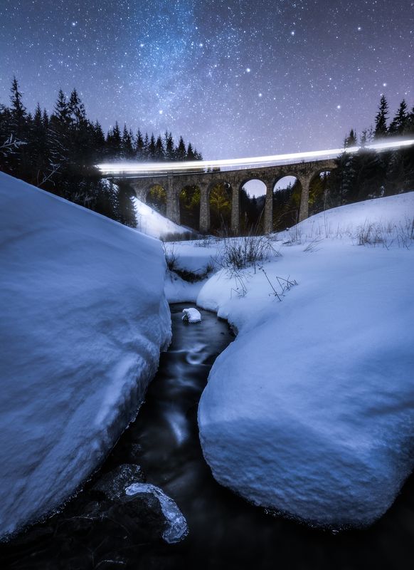 water, night, astrophotography, train, harry potter, viaduct, slovakia, winter Night trainphoto preview