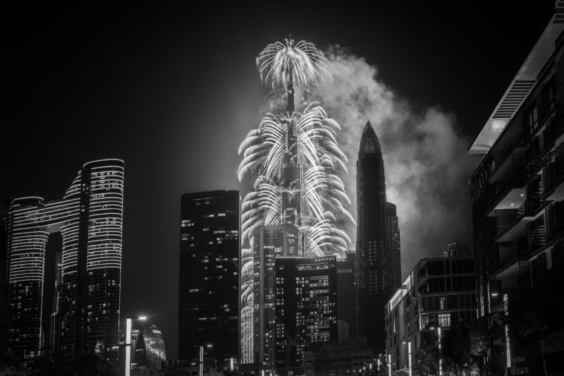new year, dubai, burj khalifa, uae, fireworks, city, bw, black and white New Year Fireworks in Dubai in b/w photo preview