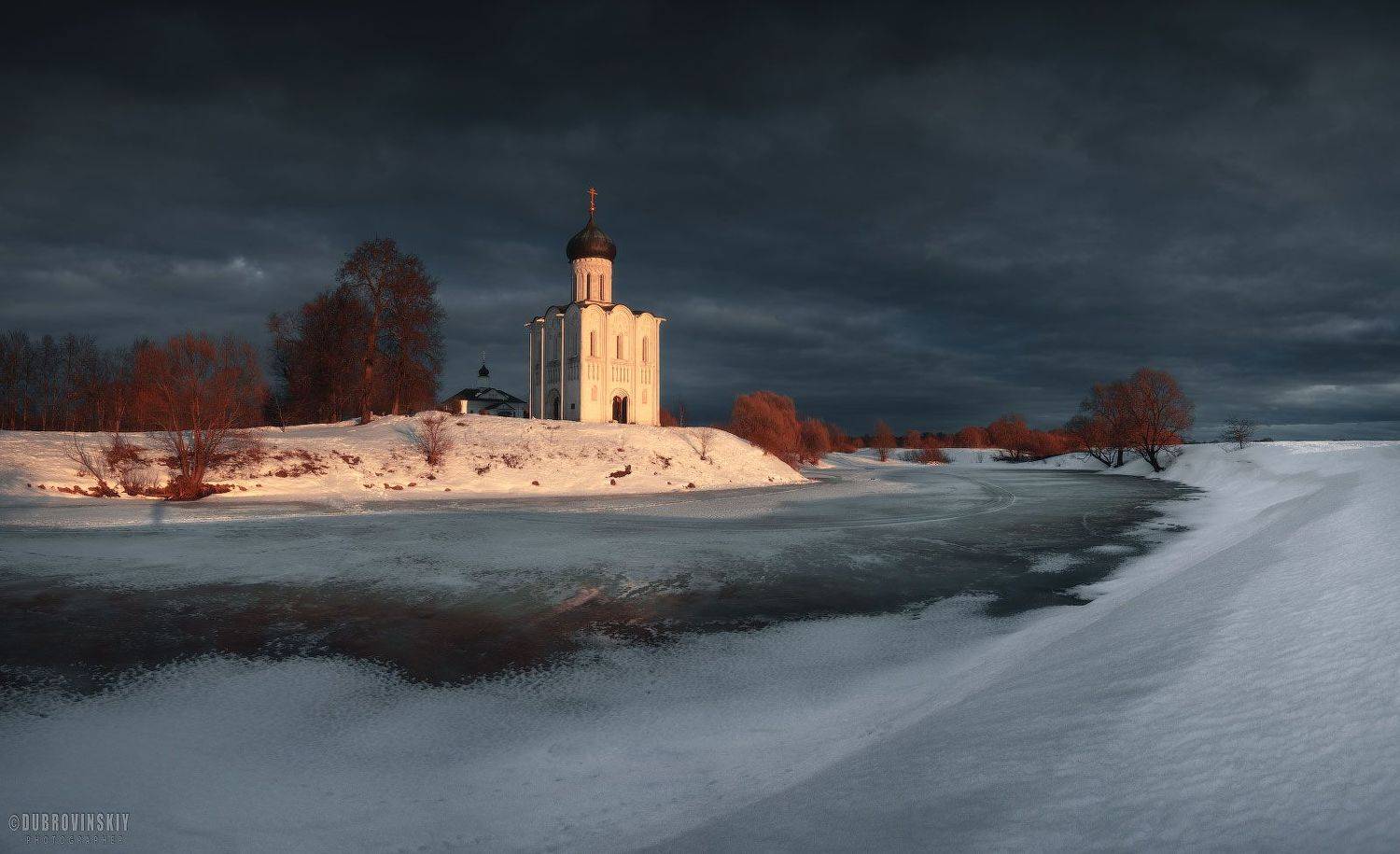 боголюбово, храм, зима, владимирская область, закат, покрова на нерли, Дубровинский Михаил