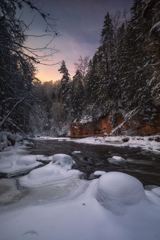 winter. river. evening . amata winter sunsetphoto preview